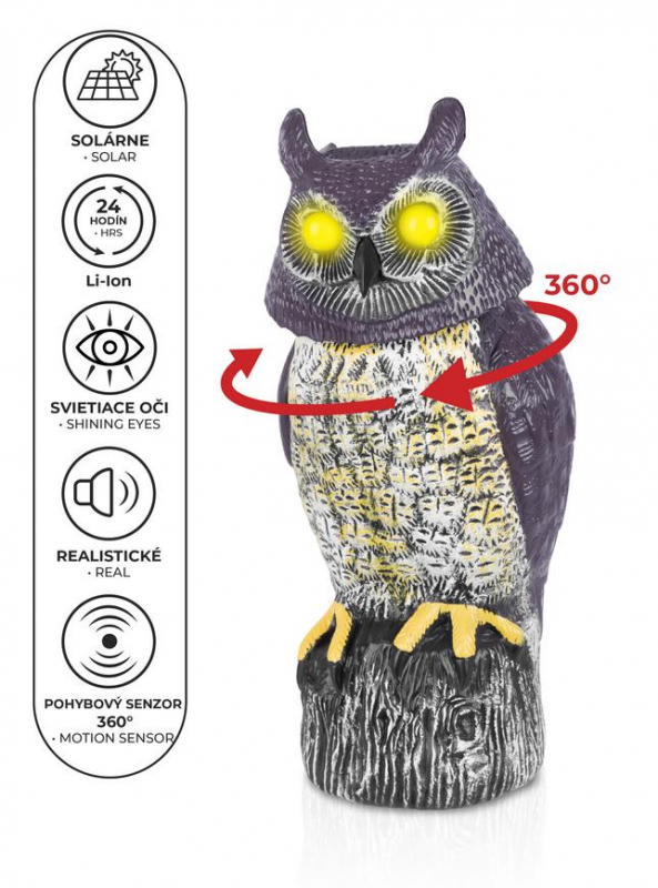 otáčajúca hlava Plasič vtákov Sova solárna, svietiace oči, otáčajúca hlava, 43cm Strend Pro