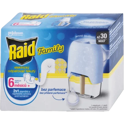 Raid® Family elektrický odparovač proti komárom s tekutou náplňou na 30 nocí 21ml