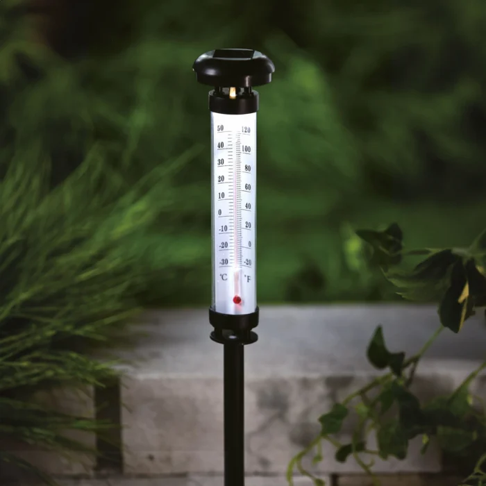 Solárny záhradný teplomer s LED osvetlením – Ø6 Solárny záhradný teplomer s LED osvetlením – Ø6,3 x 44,5 cm, studená biela • Kliešť.sk